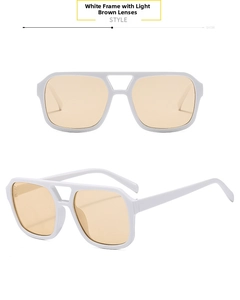 Detail of trendy white square frame sunglasses with light tea lenses and double bridge