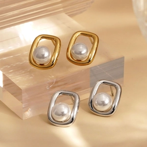 Square Artificial Pearl Stud Earrings 316 Stainless Steel PVD Gold Plated Waterproof Minimalist French Vintage Jewelry For Women