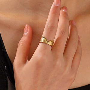 V-Shaped Ring Stainless Steel 18K Gold Plated Adjustable Open Finger Ring Geometric Textured Retro Style Jewelry For Women