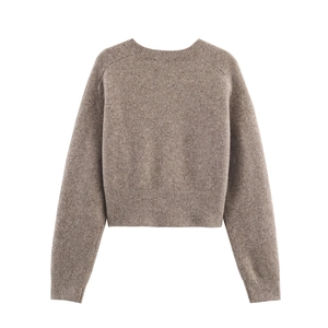Chic dark beige crew neck knitted cardigan with rib-knit cuffs and hem on white background