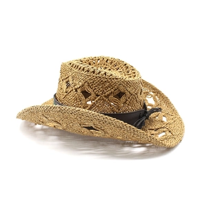 Detail of hand-woven straw cowboy hat featuring geometric hollow patterns and leather strap