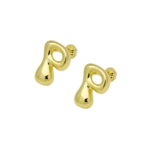 Close-up of golden balloon-style puffy letter P stud earrings with polished metal finish