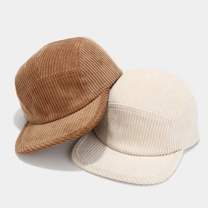 Retro corduroy five-panel baseball cap in brown and cream white colors for men and women