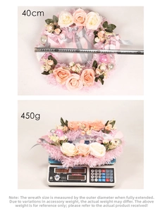 Detail view of 40cm pink rose wreath showing 450g weight and exact size measurement