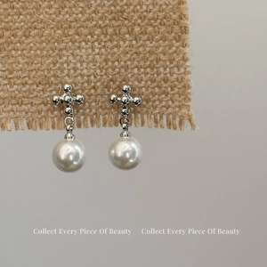 Boucles D'oreilles Pendantes Künstliche Perle Croix Vintage Cuivre Géométrique Künstliche Perle D'imitation Blanc Bijoux Femmes Élégant Couleur Argent
