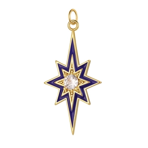 Detailed macro view of an eight-pointed star pendant in gold and purple enamel with zircon