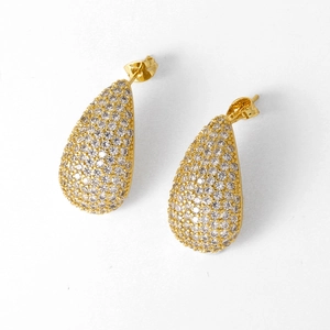 Elegant gold plated waterdrop earrings with paved cubic zirconia stones on white background