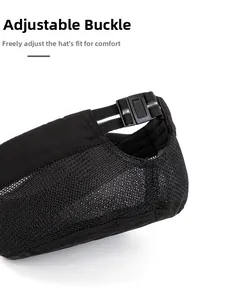 Detail of adjustable buckle and breathable mesh texture on the black sports cap