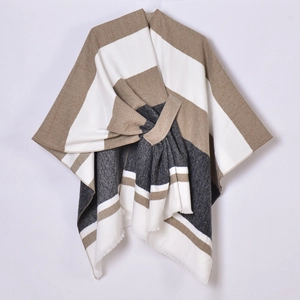 Striped fringe poncho shawl in brown, black and white with knot tie styling