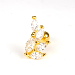 Leaf-shaped gold piercing earring with marquise zircon stones and a screw ball back