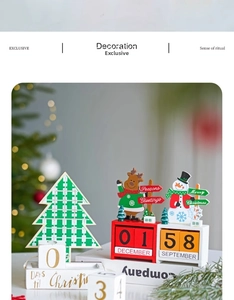 Detailed close-up of wooden Christmas countdown calendar with reindeer and snowman figures