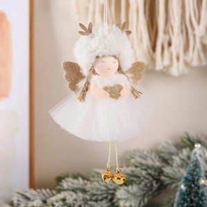 White Christmas angel ornament with golden wings and plush details for tree decoration