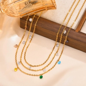 Stainless Steel Necklace 18K Gold Plated Colorful Cubic Zirconia Rainbow Round Dainty Minimalist Jewelry Gift For Women