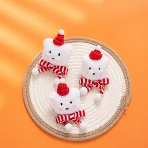 White Plush Christmas Cat Head Ornament With Red Knit Hat And Scarf Brooch Hair Clip For Backpack Clothing Decoration