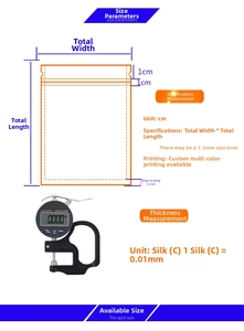 Detailed size guide for holographic bags showing dimensions and thickness gauge tool