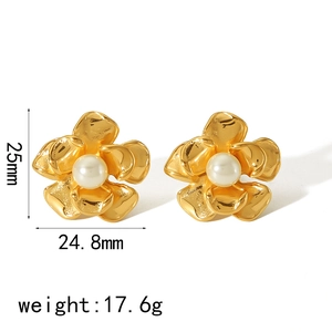 18k gold plated titanium steel flower earrings with pearls and irregular petals