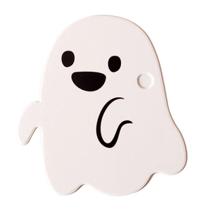 Ghost-shaped white paper gift tags with cute face and punch hole for Halloween cookies