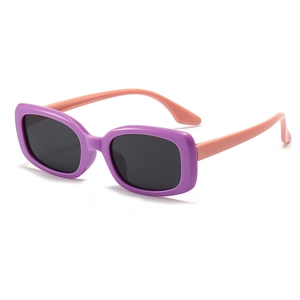 Kids square polarized sunglasses with purple frame and orange silicone legs in 45-degree view