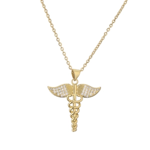 Collana a croce caduceo placcata oro con ali tempestate di diamanti e catena a O