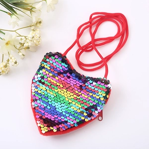 Kids heart shaped sequin crossbody bag with colorful glitter and red plush backing
