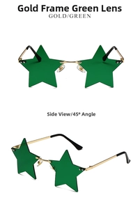 Star-shaped green lenses with gold metal frames shown from front and 45-degree side angles