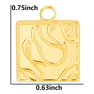 Square gold pendant with rose relief carving and dimension lines 0.75x0.63 inch
