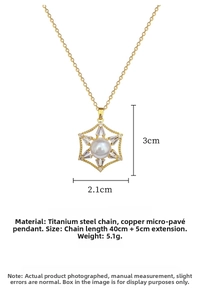 Detail view of gold titanium steel hexagon pearl necklace with zircon pavé setting