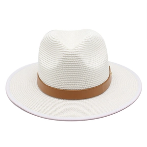 Men's white Panama straw sun hat with brown faux leather band and gold rivets for beach