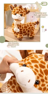 Detailed view of cute giraffe plush toy with soft texture and striped scarf