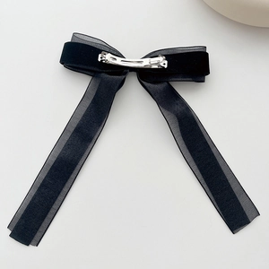 French vintage black velvet bow hair clip with sheer streamers and metal spring clasp