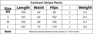 Tableau des tailles détaillé pour ensemble pantalon rayé avec mesures de la taille