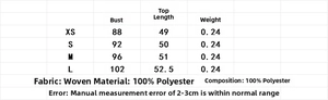 Size guide table for 100% polyester bow top and sarong skirt set with detailed measurements