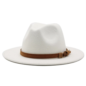 Classic white wool felt fedora hat featuring a brown suede band and gold metal buckle