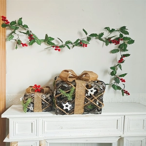 Artificial Christmas Rattan Garland Red Berries Green Leaves Gift Box LED Lights For Home Wall Hanging Festive Decor