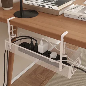 White metal mesh under desk cable management tray with easy-to-install screw clamps