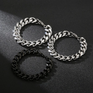 Polished silver and gunmetal stainless steel Cuban link bracelets on a black background