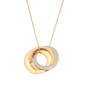 Polished stainless steel interlocking three-color rings necklace with delicate link chain