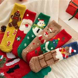 Set of 6 thick Christmas coral fleece socks with ginger man and reindeer patterns