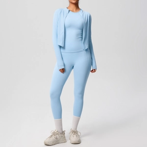 Three-piece light blue yoga set with zipper jacket, racerback tank, and leggings