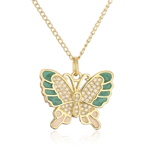 Detail of 18K gold butterfly pendant with colorful enamel and sparkling zircons