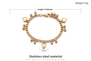 Detailed view of gold stainless steel link bracelet with heart charm and dimension labels