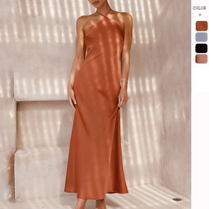Halter Neck Backless Satin Maxi Dress Solid Color Slim Fit Sleeveless Elegant Evening Party Wedding Guest For Women