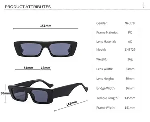 Detailed size guide showing frame dimensions for black rectangular narrow sunglasses