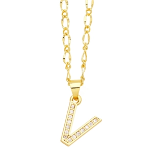 Close-up of gold V-shaped letter pendant with micro-paved cubic zirconia crystals