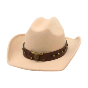 Classic cream western cowboy hat featuring brown leather band and bull head emblem