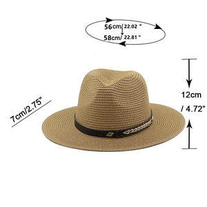Khaki straw fedora hat with brown leather band and detailed size measurements display