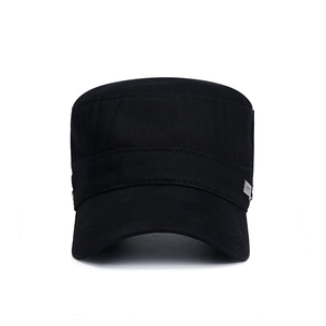 Men's black cotton flat top army cap with breathable metal eyelets and adjustable strap