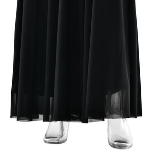 Detail of elegant black mesh fishtail skirt with pleated high waist and flowing hemline