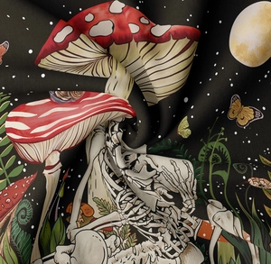 Detail of mushroom tapestry fabric featuring skeleton and moth pattern in gothic style