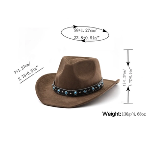 Close-up of brown suede cowboy hat featuring dimensions and blue beaded hat band details